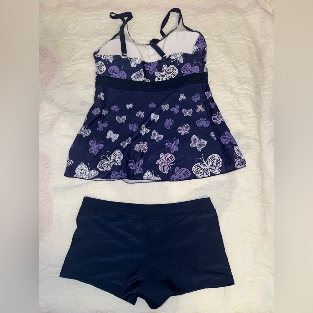 Navy Butterfly Print Tankini Swim Top and Shorts - Picture 3 of 7